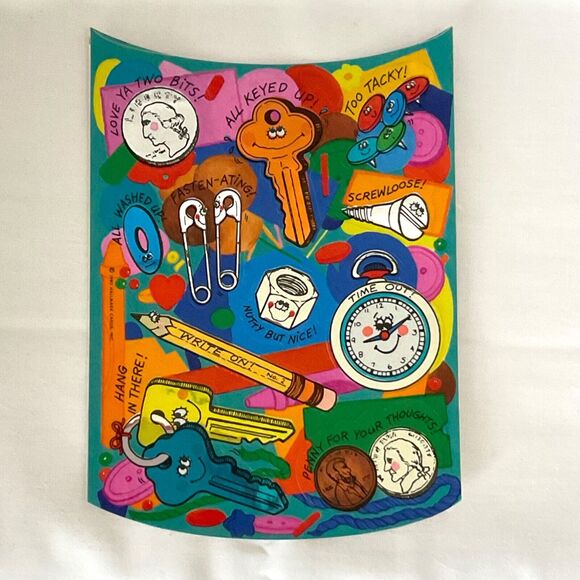 Vintage Stickers Hallmark Sticker Sheet Pocket Coins Watch Keys Hardware Puns 83 - Picture 1 of 3